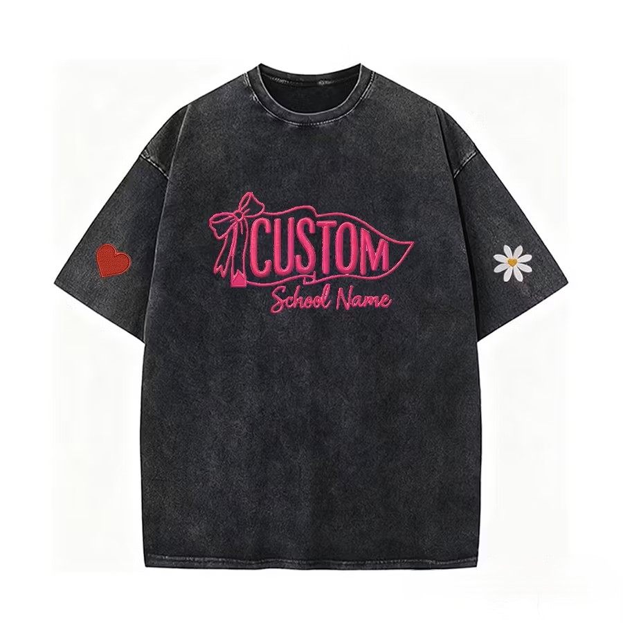 Custom Vintage Embroidered School Spirit Washed T-Shirt with Embroidered Icon on Sleeves