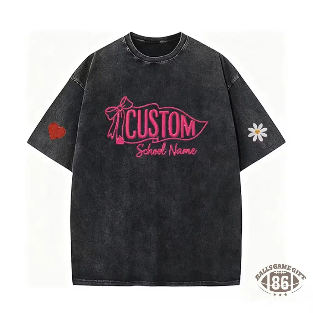 Custom Vintage Embroidered School Spirit Washed T-Shirt with Embroidered Icon on Sleeves