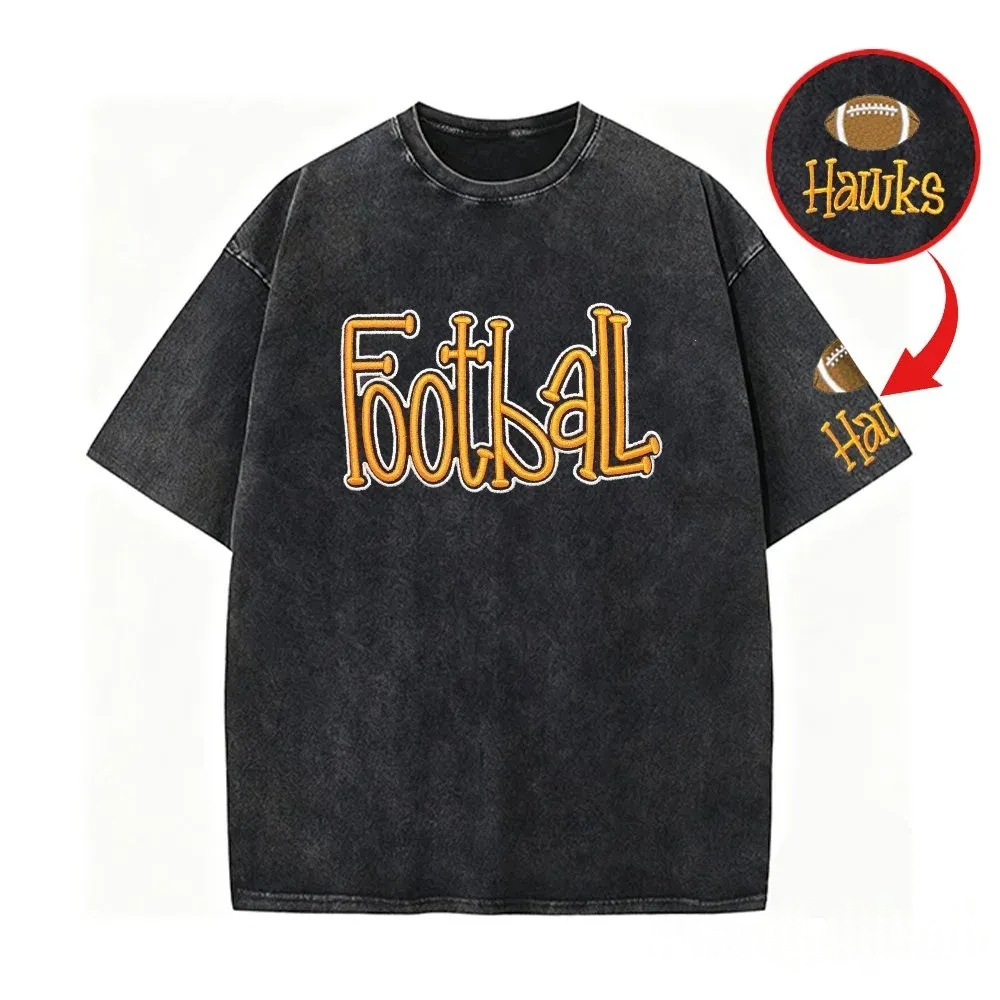 Personalized College Team Double 3D Puff School Mascot Embroidered Washed T-Shirt