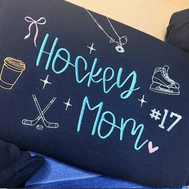 Custom Embroidered Hockey Mom Sweatshirt/Hoodie/T-Shirt Custom Number & Team Color