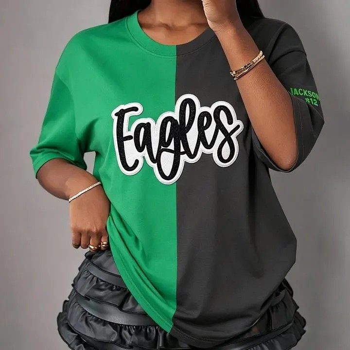 Custom Split Color Mascot Shirt Two Tone Glitter Applique Team Spirit T-Shirt