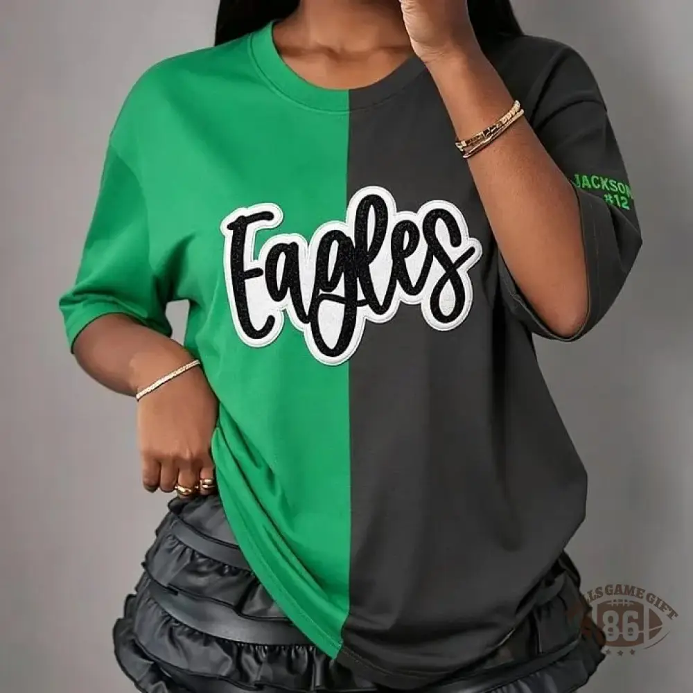 Custom Split Color Mascot Shirt Two Tone Glitter Applique Team Spirit T-Shirt