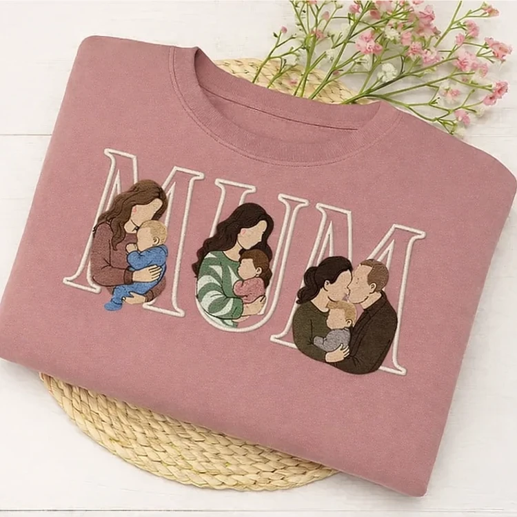  Custom Family Embroidered Portrait Sweatshirt - Gift for Mom Mama