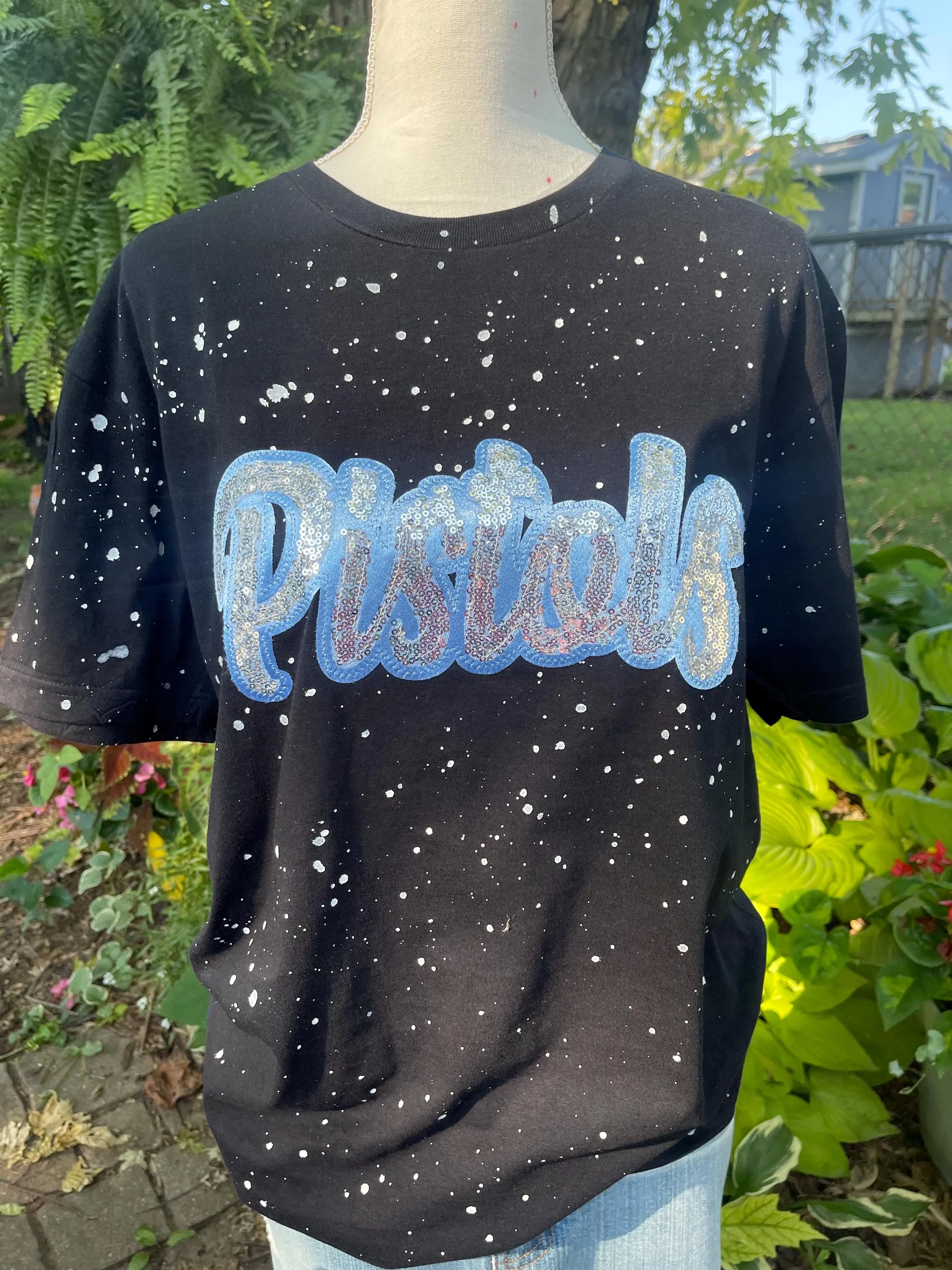 Customizable Sequin Team Name Bleached V-Neck T-Shirt - Personalized Game Day Tee