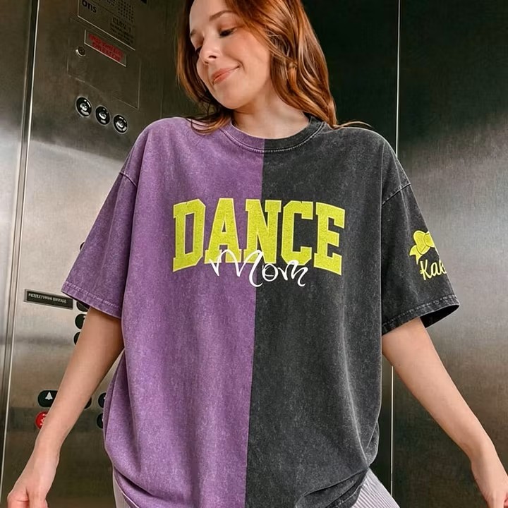  Custom Glitter Dance Embroidered Mom Two Tone Washed T-Shirt with Glitter Bow on Sleeve