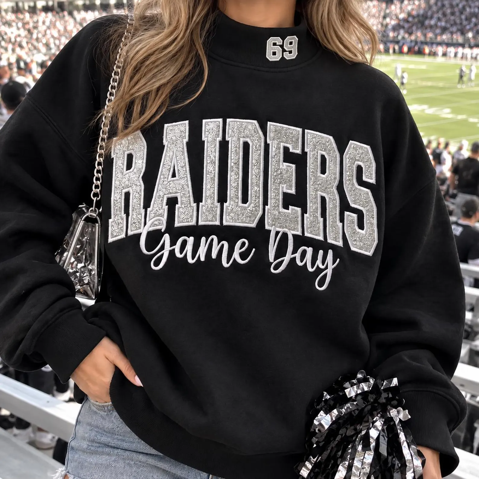 Game Day Glitter Patch Embroidery Mock Neck Sweatshirt, Oversized Football Fan Crewneck Pullover