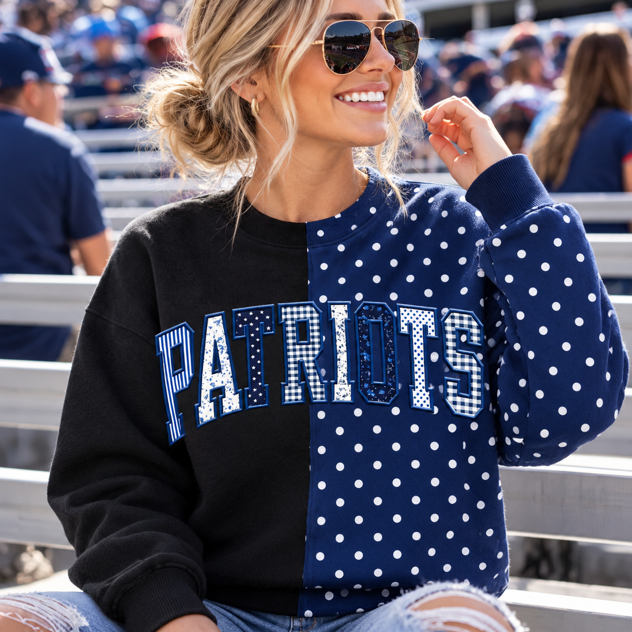Split Polka Dot Game Day Varsity Embroidered Sweatshirt | Half & Half Colorblock Fan Pullover