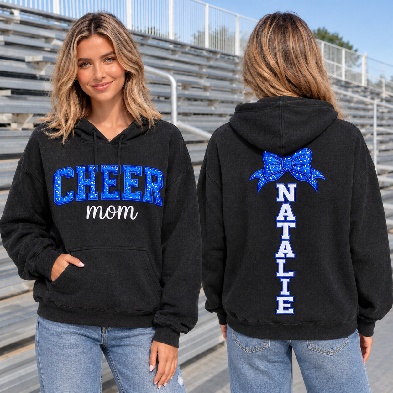 Personalized Cheer Mom Hoodie with Sequin Bow & Custom Name, Game Day Mom Gift