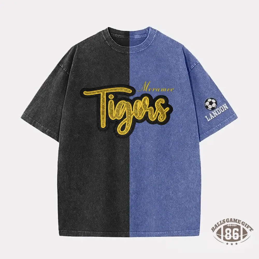 Custom Glitter Team Mascot Embroidered Two Tone Washed T-shirt For Game Day 