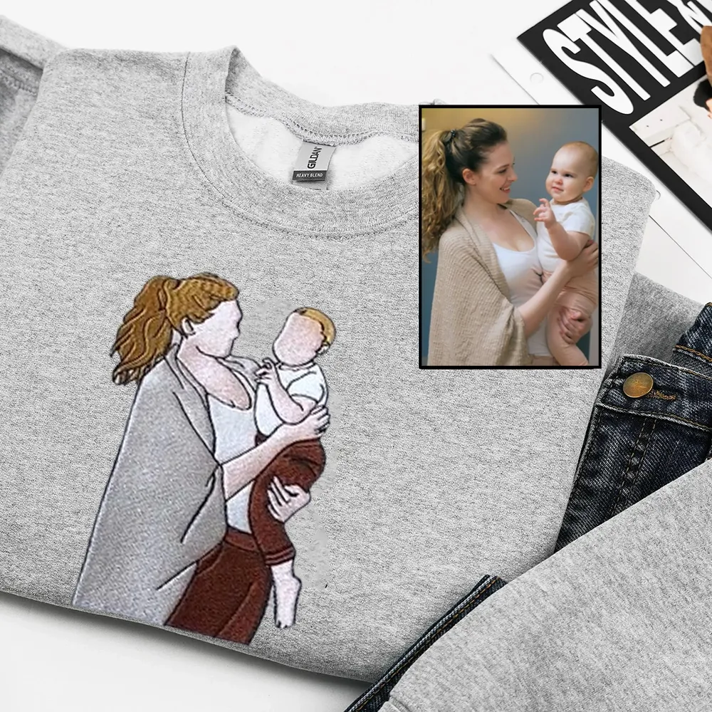 Custom Mama & Mom Portrait Embroidered Sweatshirt, Personalized Family Photo Crewneck, Mother's Day Gift