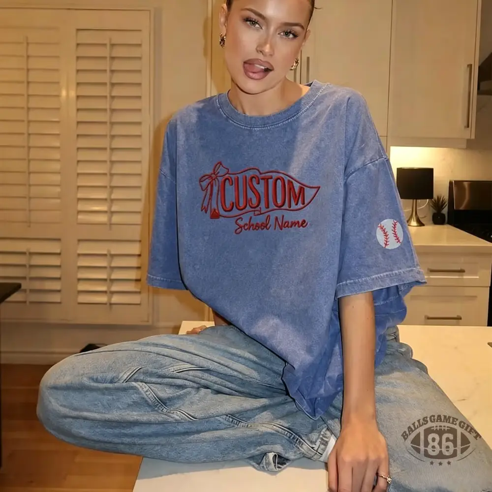 Custom Vintage Embroidered School Spirit Washed T-Shirt with Embroidered Icon on Sleeves