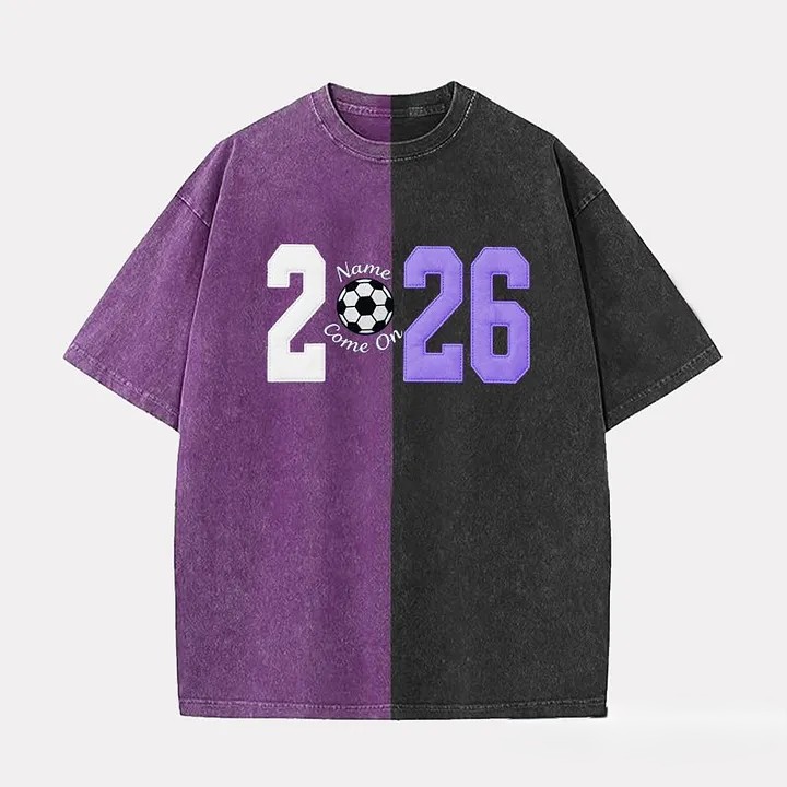 Custom Fabric Applique 2026 Soccer Embroidered Two Tone Vintage Washed T-Shirt for Cheer & Game Day ⚽✨