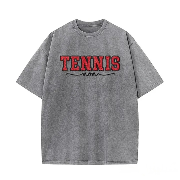 Embroidered Tennis Mom Dad Washed T-Shirt with Glitter Side Bow Vintage T-shirt