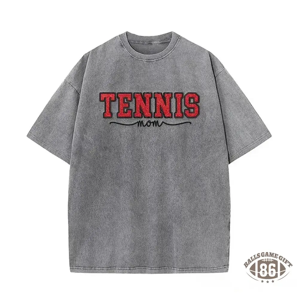 Embroidered Tennis Mom Dad Washed T-Shirt with Glitter Side Bow Vintage T-shirt