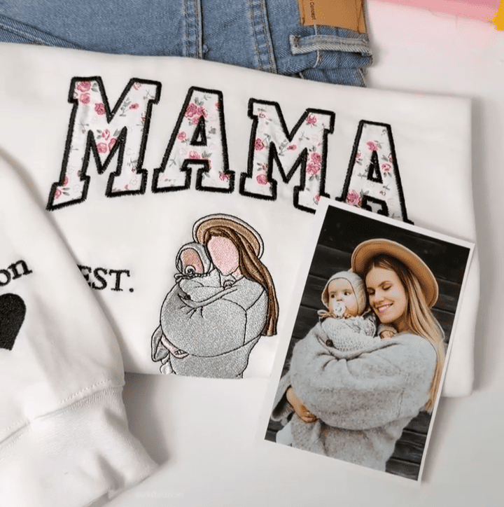 Mama Sweatshirt Floral Embroidered Portrait Custom Sleeve Name Mothers Day Gift for Mom