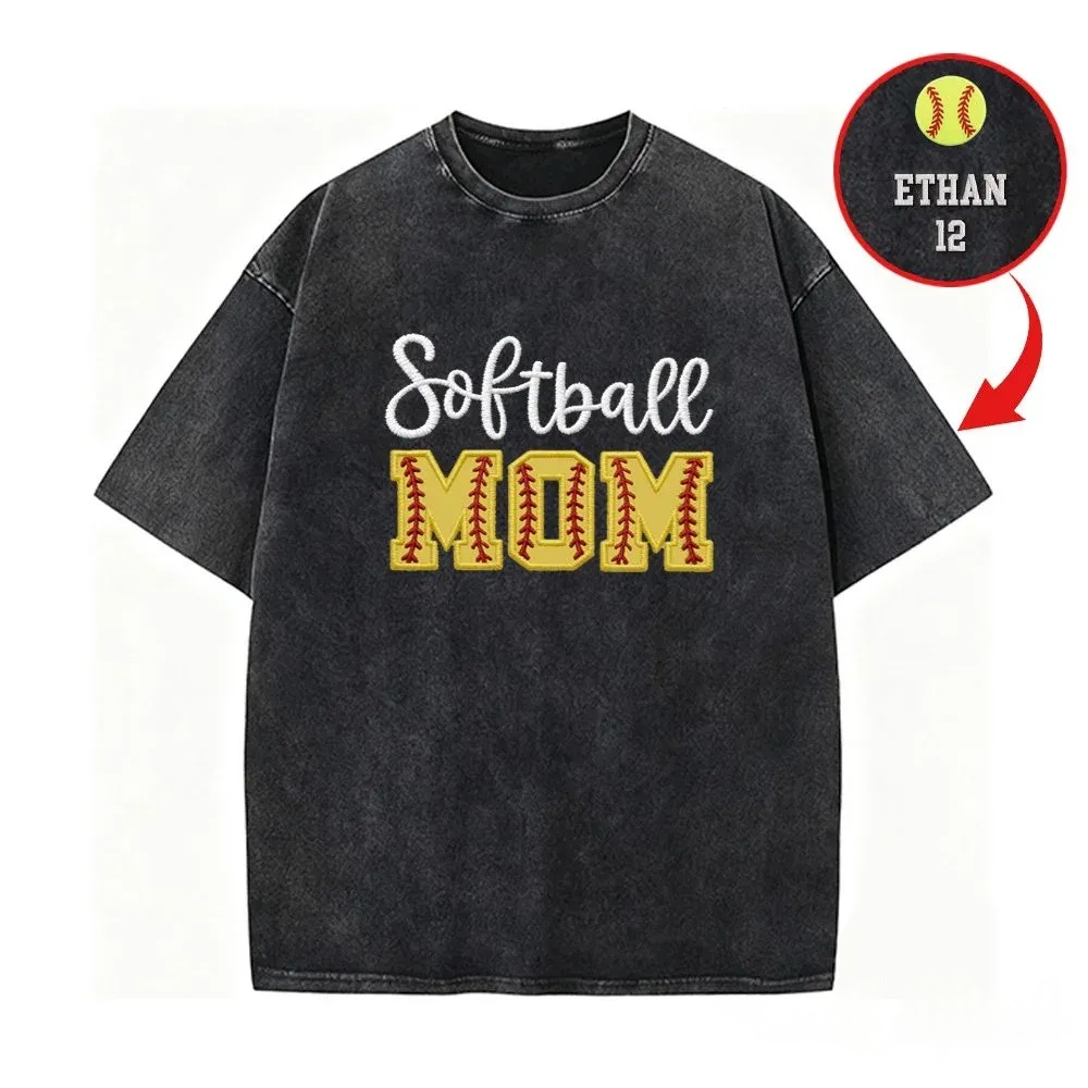 Softball DAD or MOM Applique Embroidery Personalized Washed T-Shirt