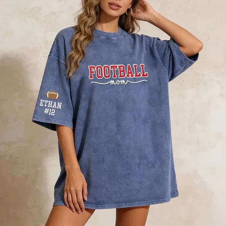 Glitter Embroidered Football Mom Proud Sport Mom Washed T-Shirt