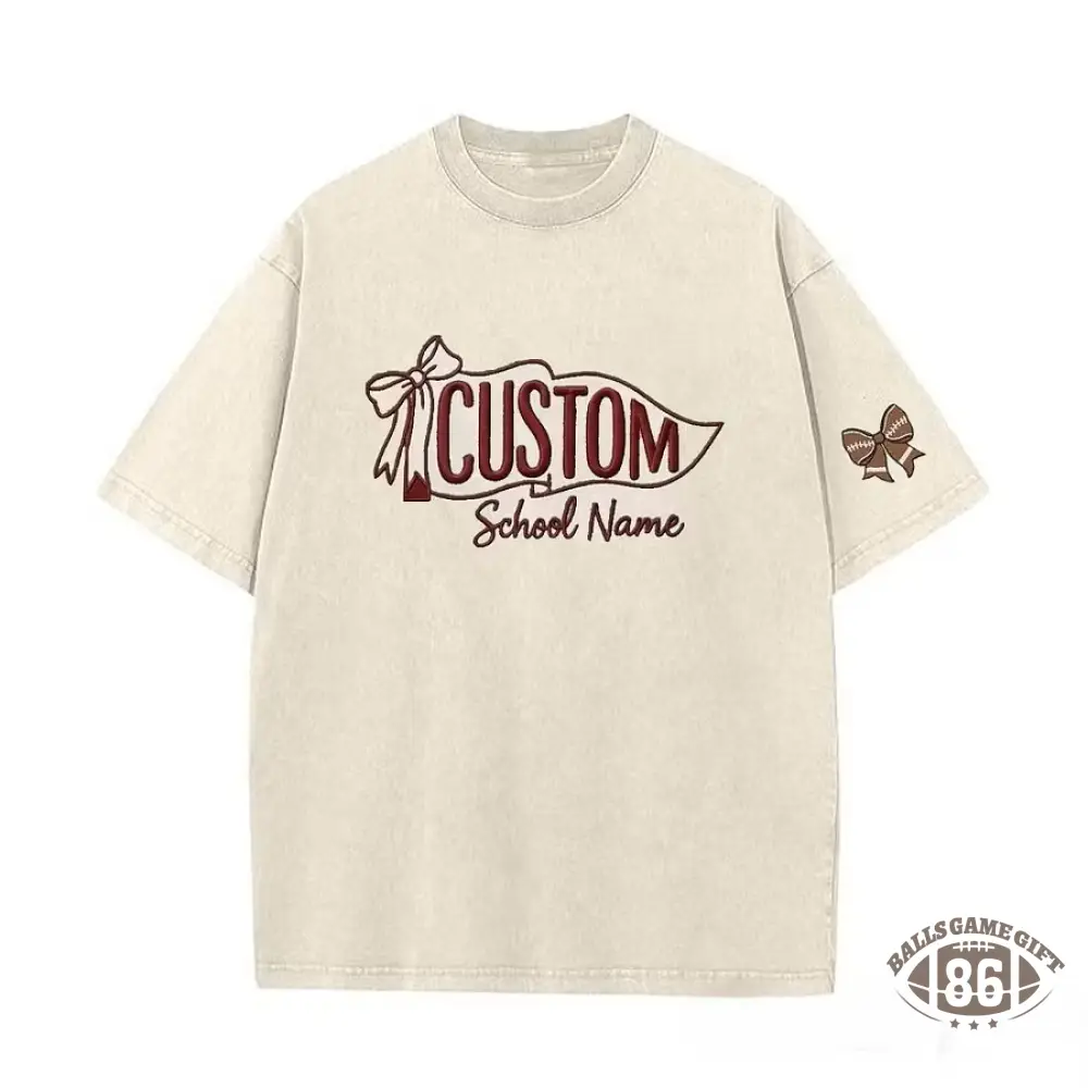 Custom Vintage Embroidered School Spirit Washed T-Shirt with Embroidered Icon on Sleeves