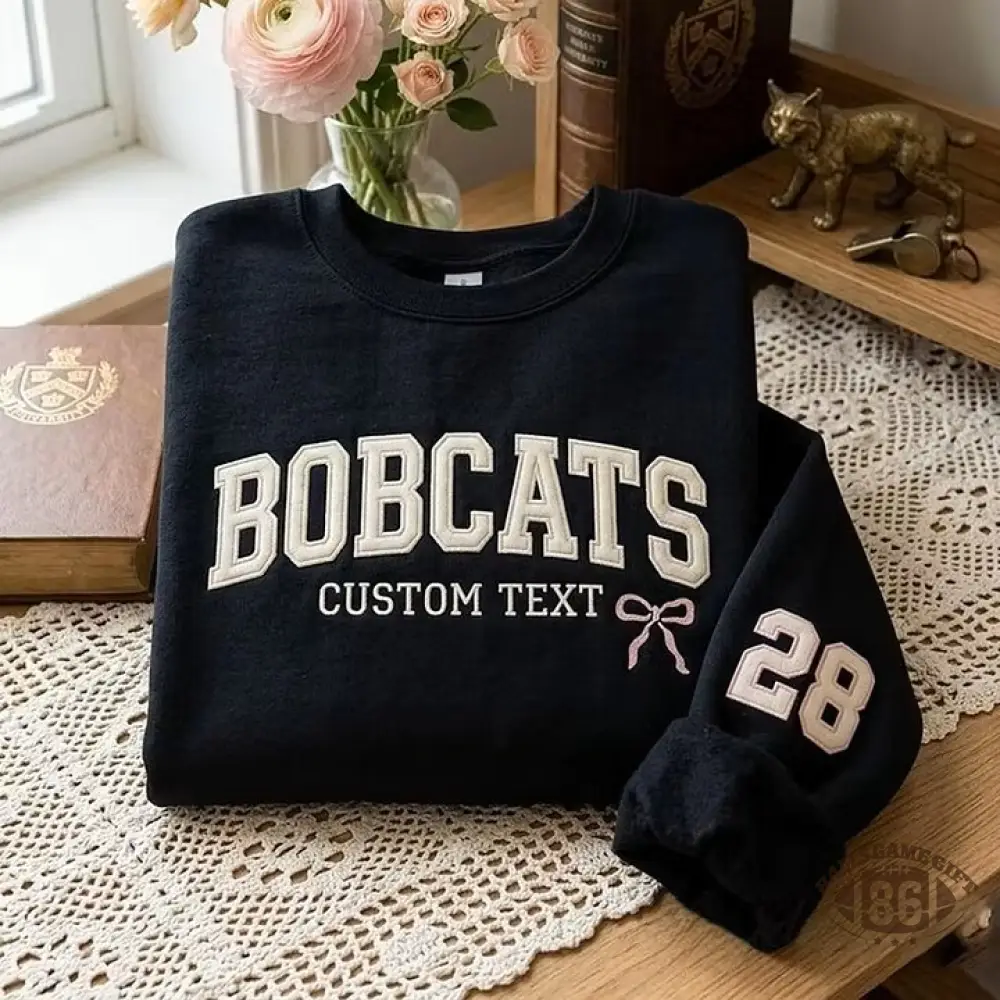 Customizable Team Name Sweatshirt, Varsity Style Embroidered Crewneck with Custom Text, Sleeve Number & Bow