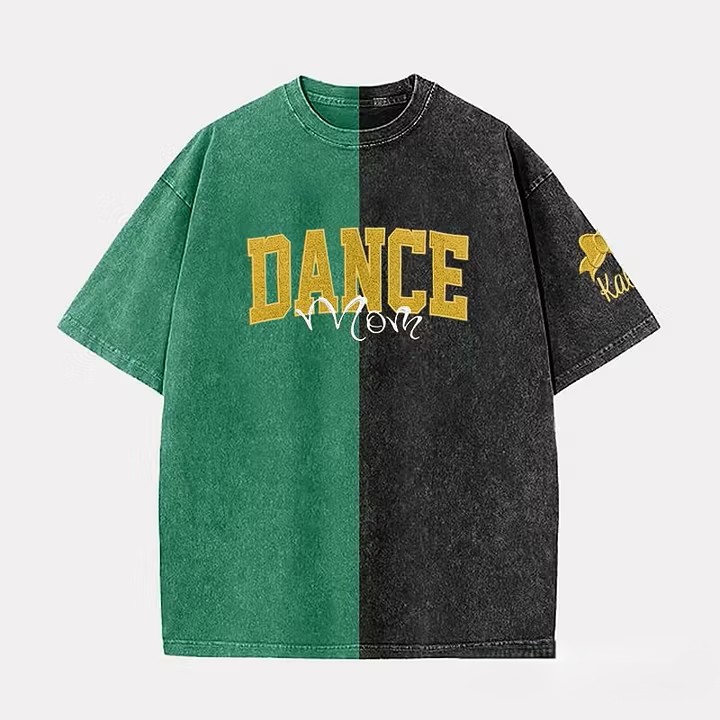  Custom Glitter Dance Embroidered Mom Two Tone Washed T-Shirt with Glitter Bow on Sleeve