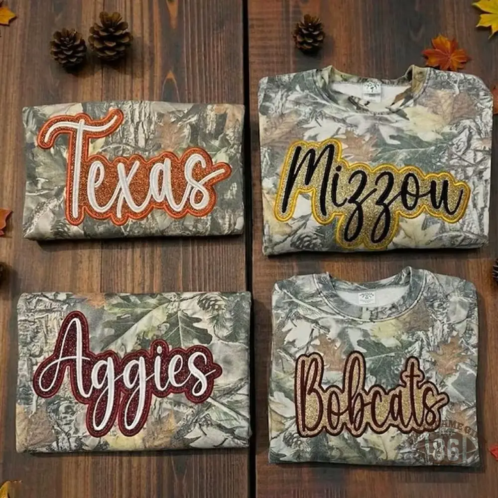 Custom Camo Spirit Sweatshirt with Glitter Appliqué Embroidery – Personalized Game Day Hoodie & Tee