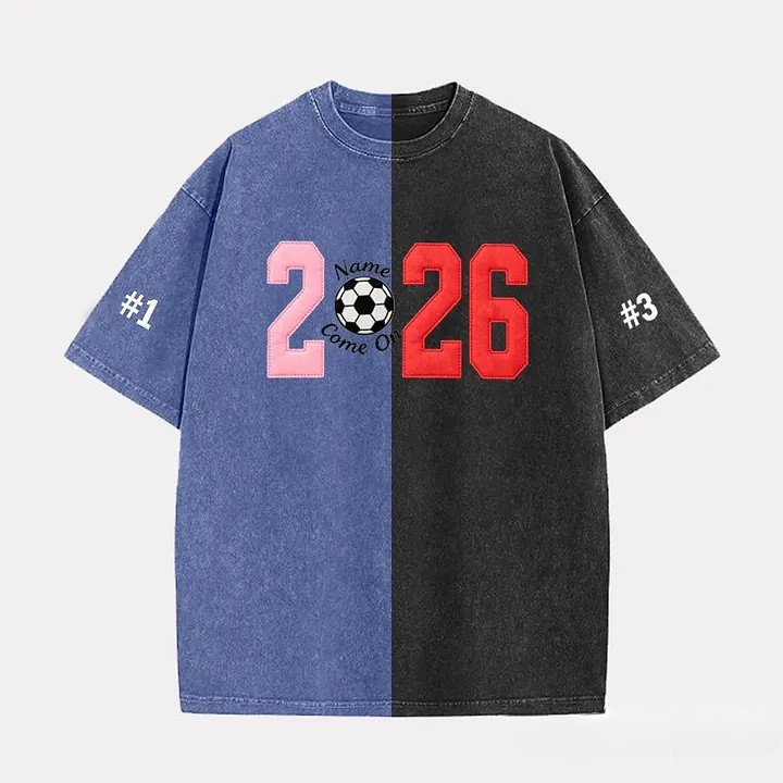 Custom Fabric Applique 2026 Soccer Embroidered Two Tone Vintage Washed T-Shirt for Cheer & Game Day ⚽✨