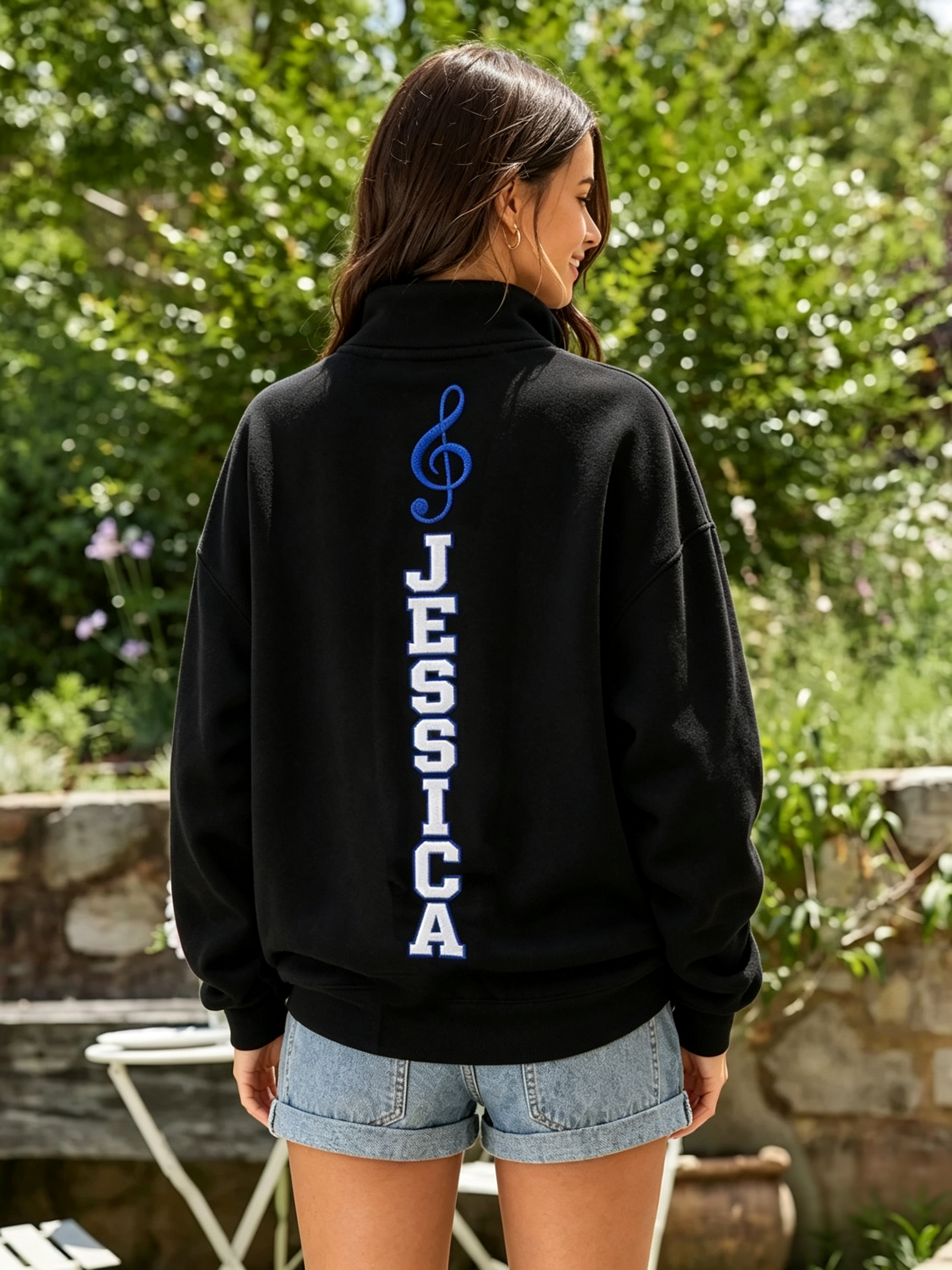 Custom Cheer Mom Game Day Sweatshirt with Custom Name Bow & Sleeve Treble Clef Embroidery