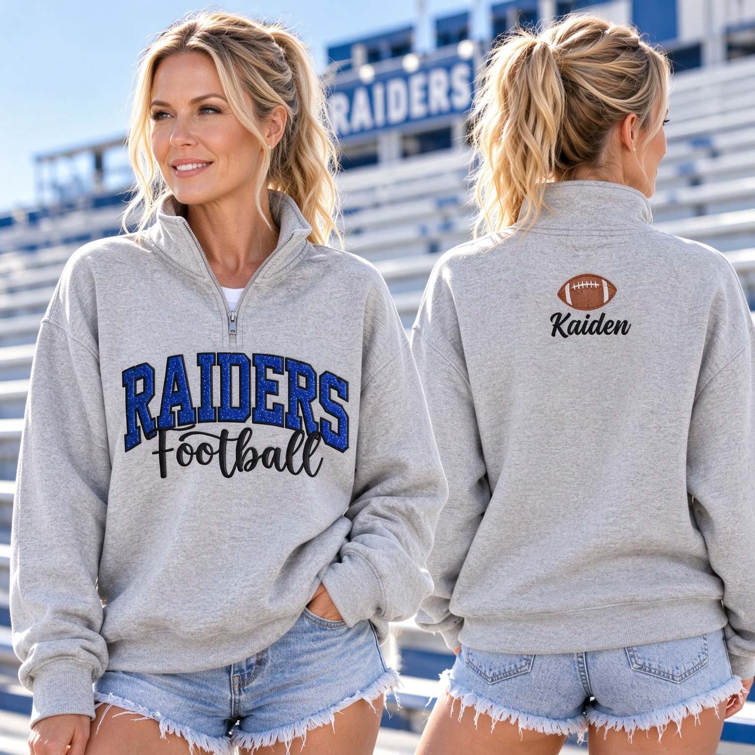 Custom Glitter Football Game Day Quarter Zip | Personalized Front Team Name Back Name Pullover