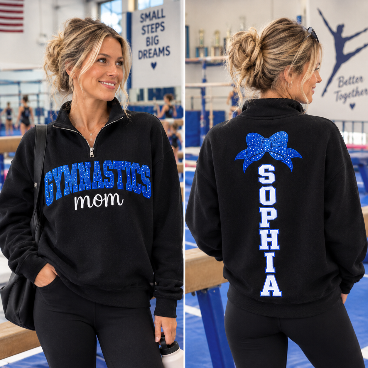 Personalized Gymnastics Mom Quarter Zip Sweatshirt | Custom Name Bow Embroidered Pullover