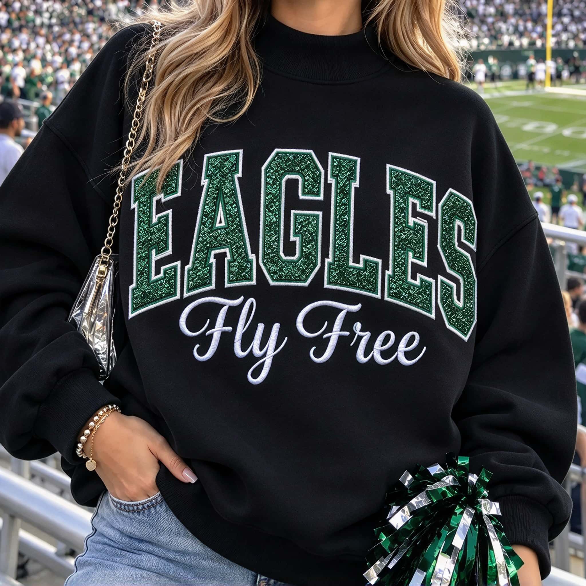 Game Day Glitter Patch Embroidery Mock Neck Sweatshirt, Oversized Football Fan Crewneck Pullover