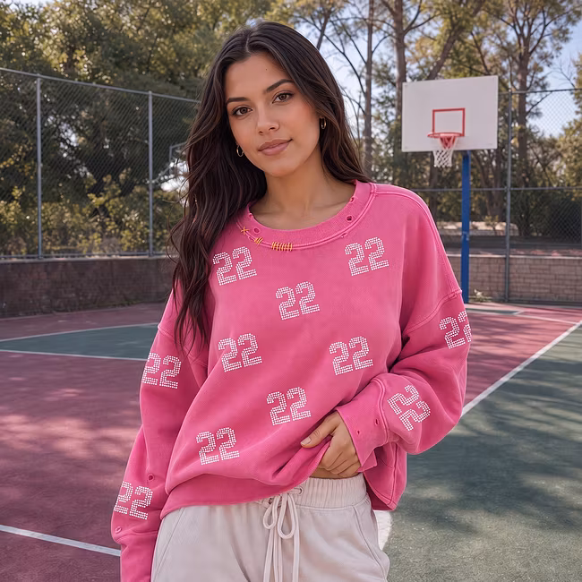 Vintage Distressed Game Day Sweatshirt with Rhinestone Number