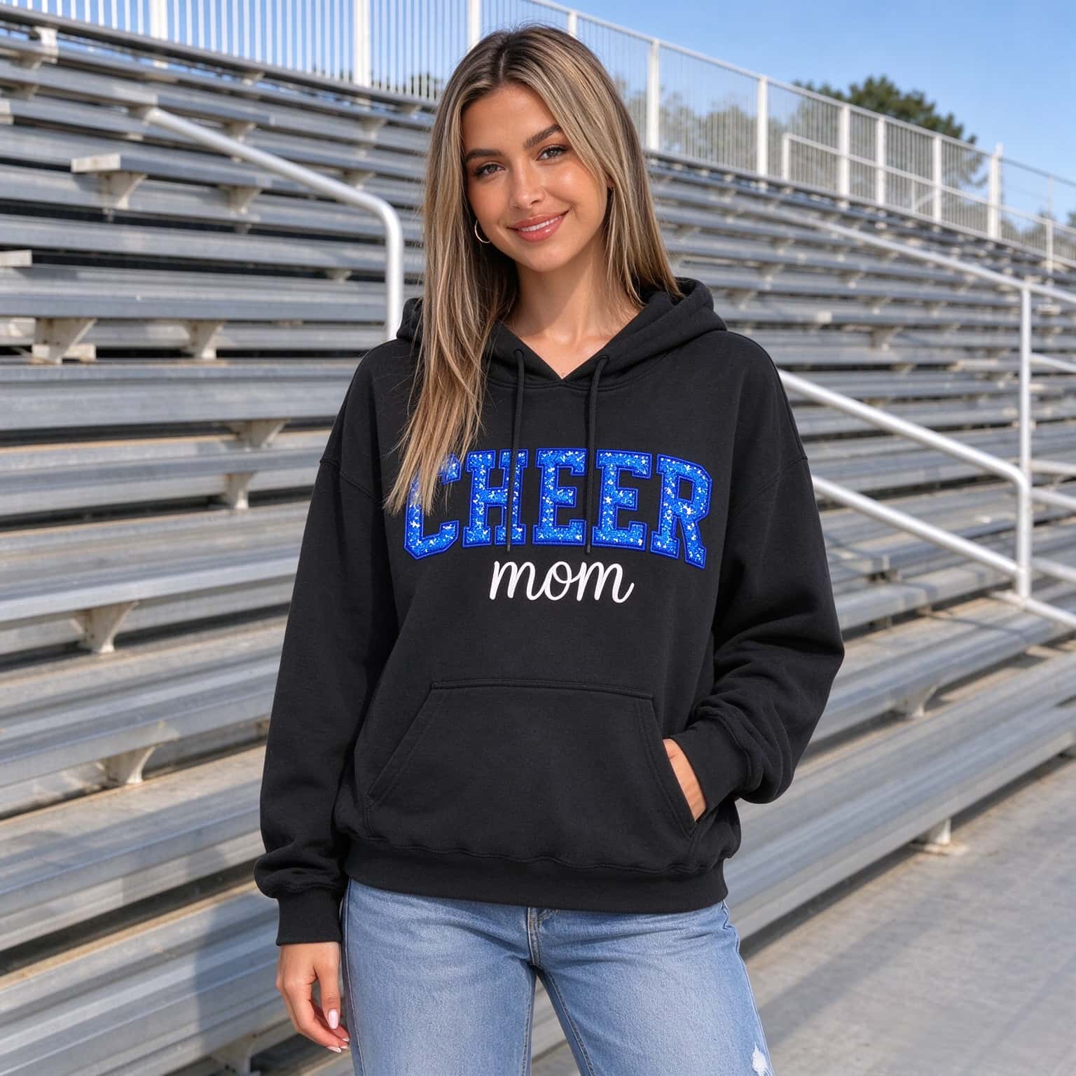 Personalized Cheer Mom Hoodie with Sequin Bow & Custom Name, Game Day Mom Gift