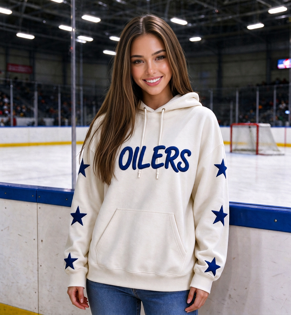 American Hockey Fan Hoodie, Handwritten Puff Print Stars, Long Sleeve Game Day Pullover, Unique Sporty Style
