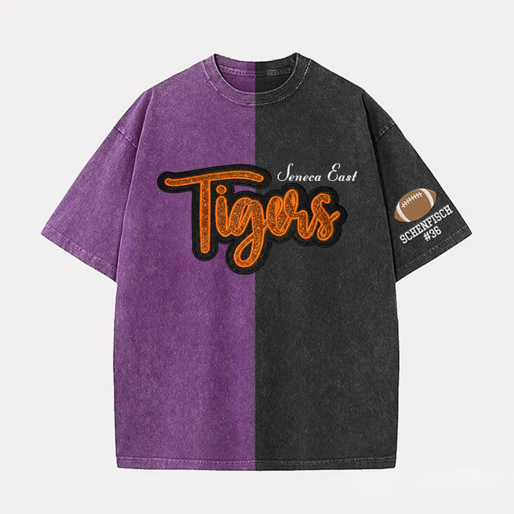 Custom Glitter Team Mascot Embroidered Two Tone Washed T-shirt For Game Day 