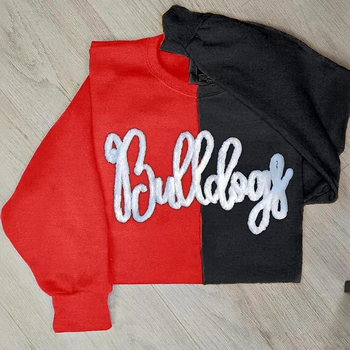 Personalized Chenille Yarn Embroidered Two Tone Sweatshirt School Mascot Split Sweatshirt