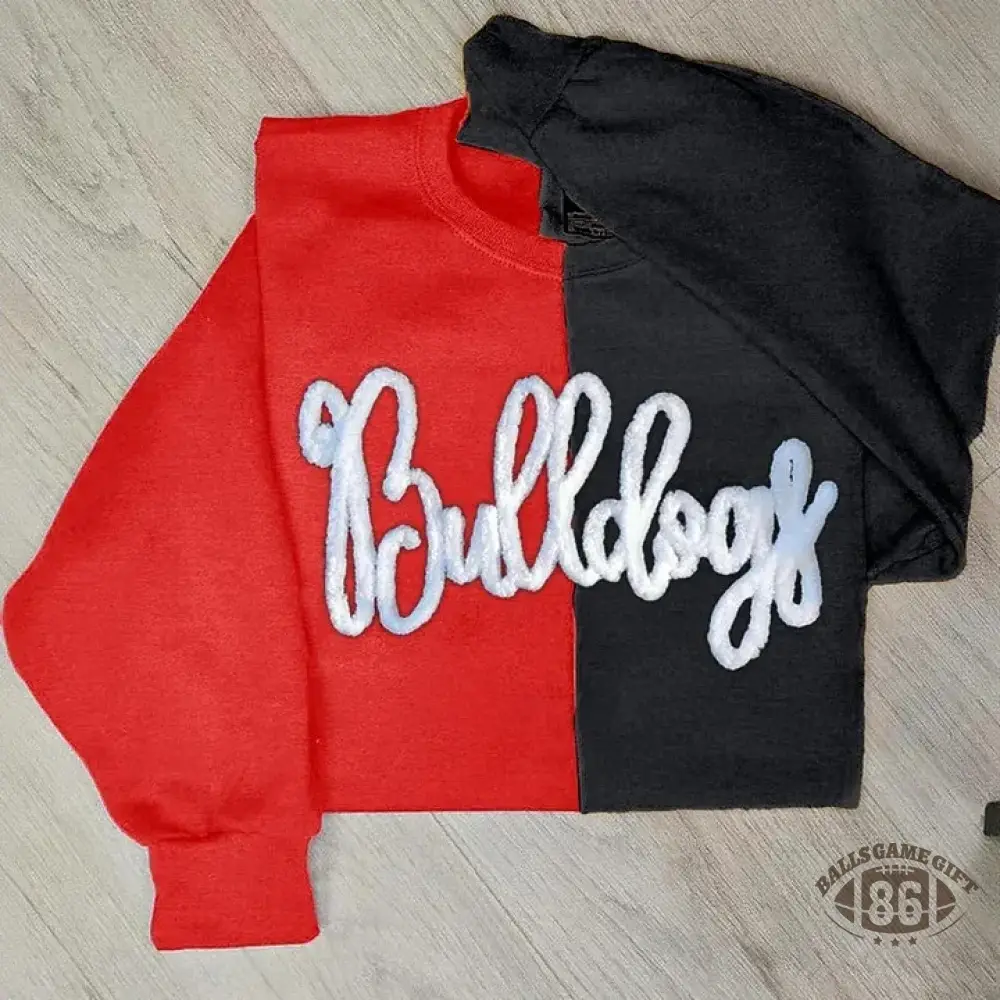 Personalized Chenille Yarn Embroidered Two Tone Sweatshirt School Mascot Split Sweatshirt