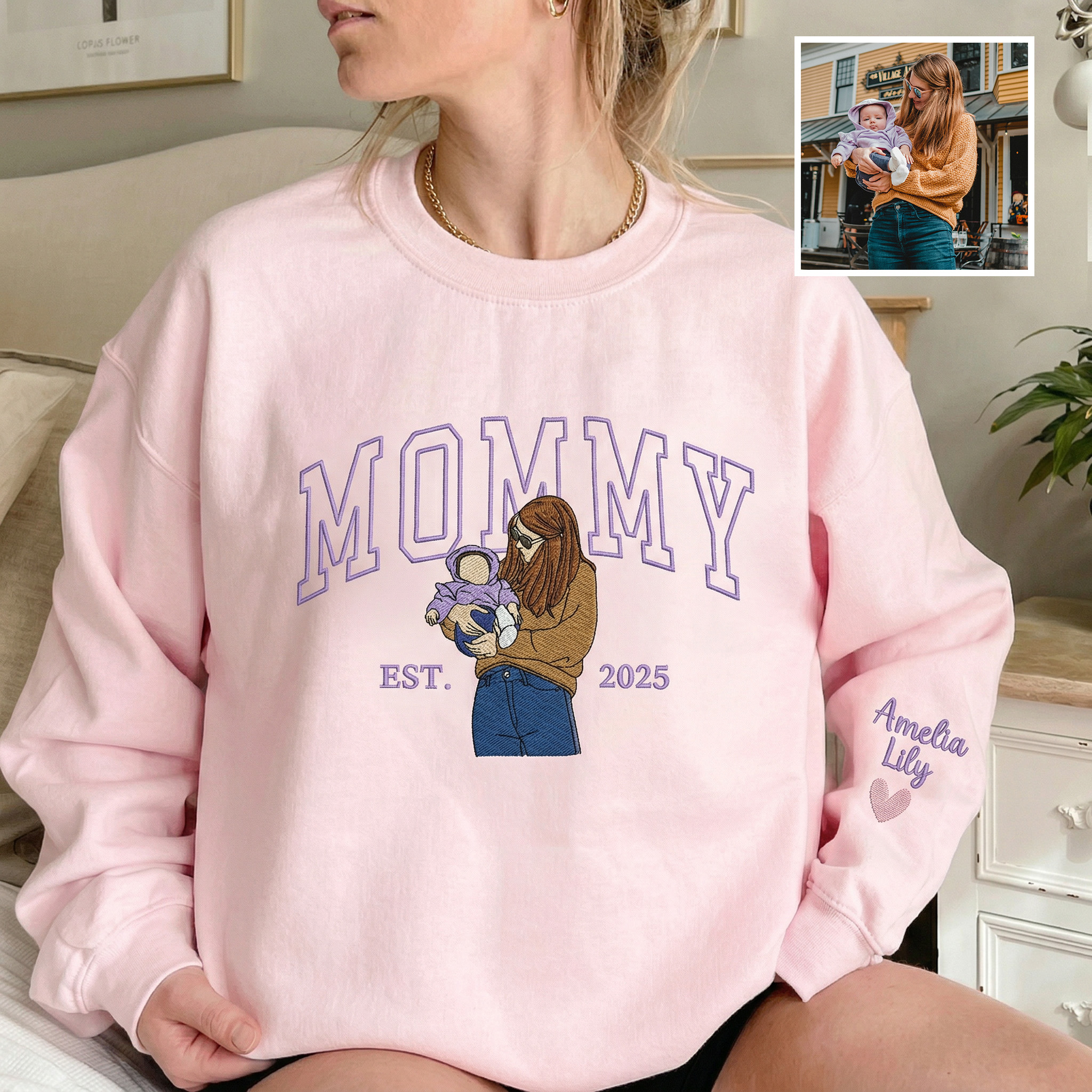Custom Mama Sweatshirt, Embroidered Kids Portrait Crewneck, Unique Mother's Day Gift Keepsake Gift