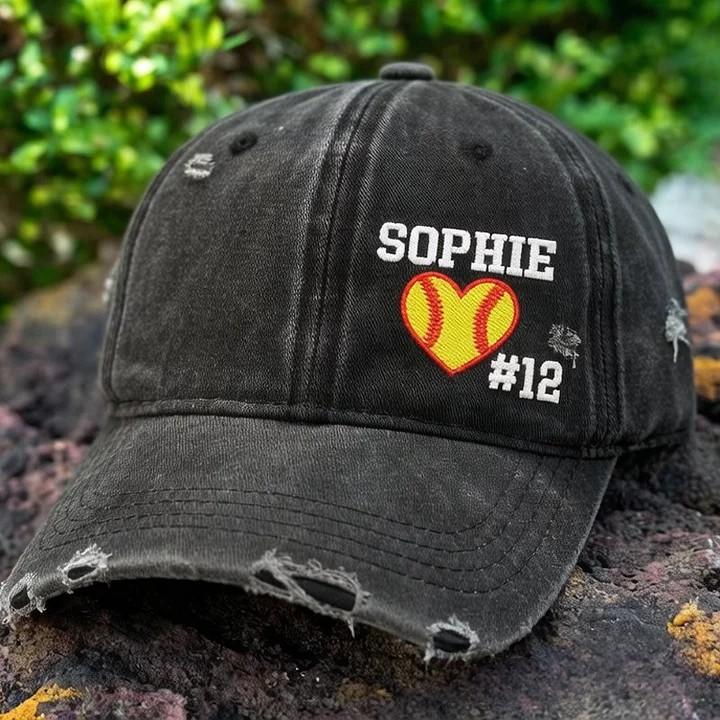 Softball Heart with Name & Number Distressed Baseball Cap Softball Mom Gift