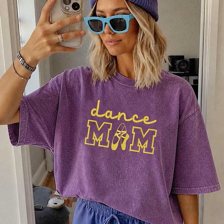 Dance Mom Embroidered Vintage Washed T-Shirt, Oversized Casual Dance Mom Tee
