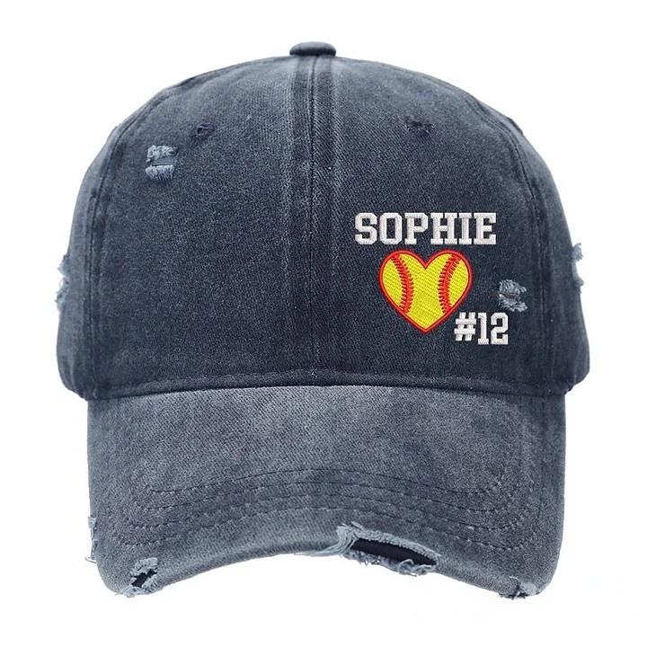 Softball Heart with Name & Number Distressed Baseball Cap Softball Mom Gift