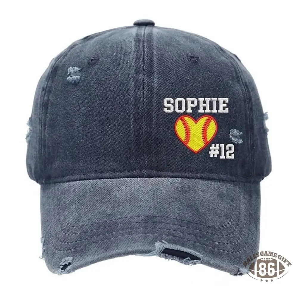 Softball Heart with Name & Number Distressed Baseball Cap Softball Mom Gift