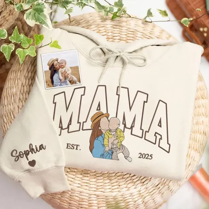 Custom Mama Sweatshirt, Embroidered Kids Portrait Crewneck, Unique Mother's Day Gift Keepsake Gift