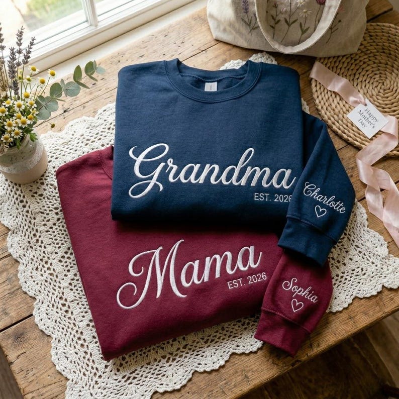 Embroidered Mama Grandma Sweatshirt Personalized Name On Sleeve Mothers Day Gift for Mom