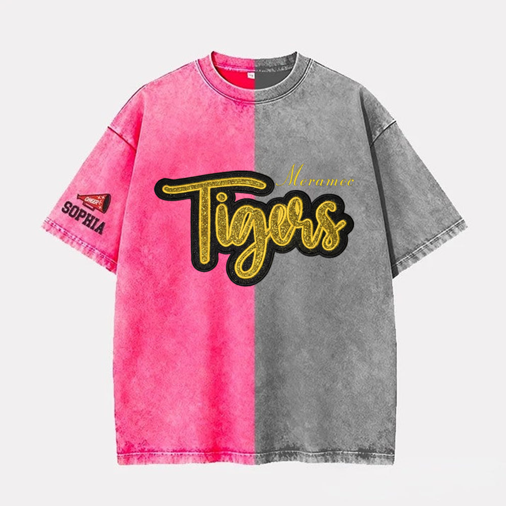 Custom Glitter Team Mascot Embroidered Two Tone Washed T-shirt For Game Day 