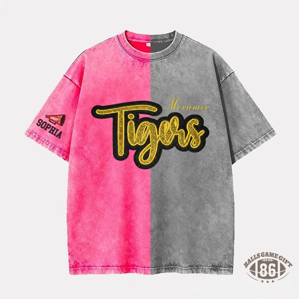 Custom Glitter Team Mascot Embroidered Two Tone Washed T-shirt For Game Day 