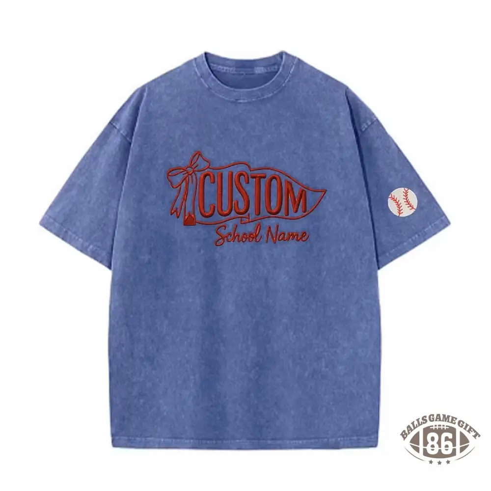 Custom Vintage Embroidered School Spirit Washed T-Shirt with Embroidered Icon on Sleeves