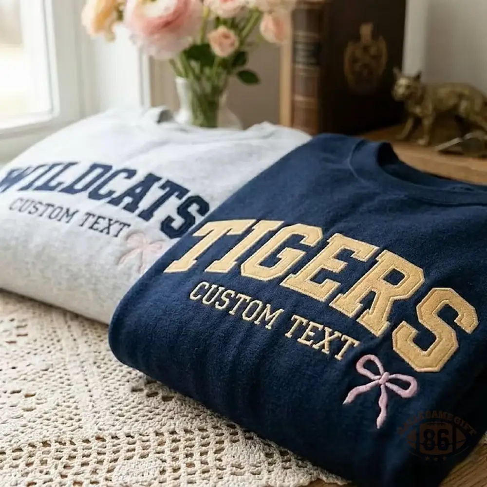 Customizable Team Name Sweatshirt, Varsity Style Embroidered Crewneck with Custom Text, Sleeve Number & Bow