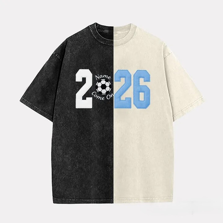 Custom Fabric Applique 2026 Soccer Embroidered Two Tone Vintage Washed T-Shirt for Cheer & Game Day ⚽✨