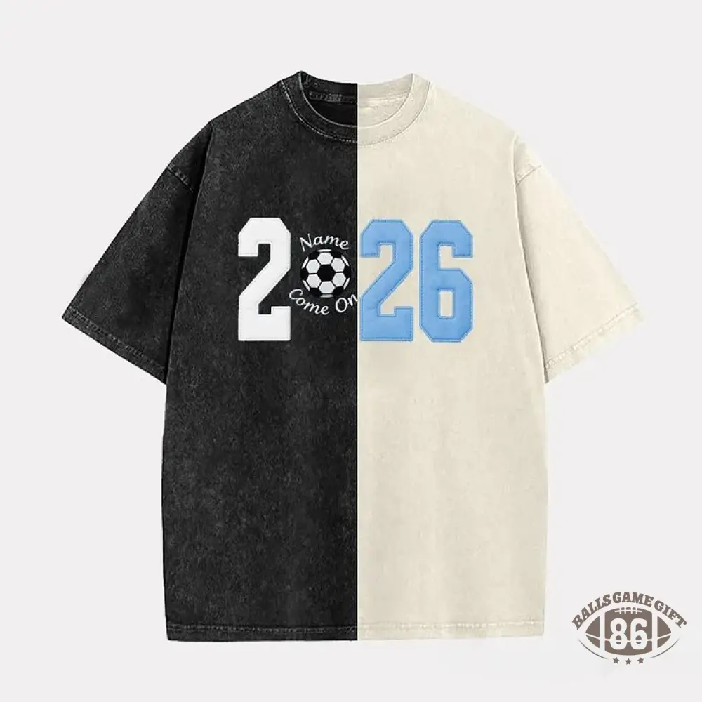 Custom Fabric Applique 2026 Soccer Embroidered Two Tone Vintage Washed T-Shirt for Cheer & Game Day ⚽✨