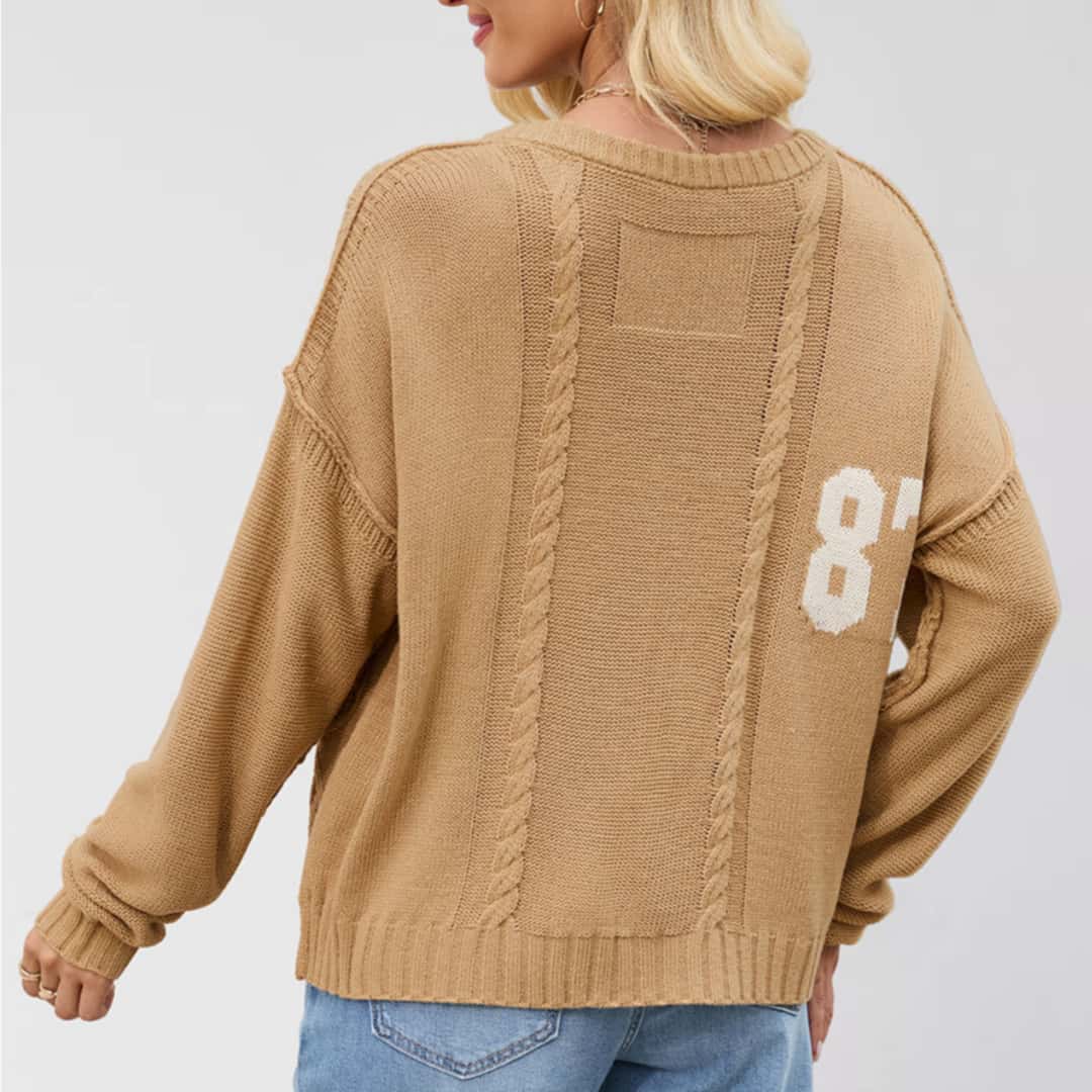 Custom Color-Block Number Knit Pullover Sweater – Relaxed Fit Long Sleeve